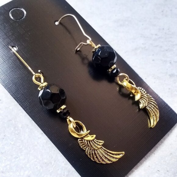 Stunning + Sexy! Gorgeous + Elaborate Black & Gold Feather Dangle Earrings - Picture 3 of 10